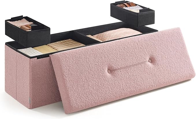 SONGMICS Storage Ottoman Bench, Storage Chest, 15 x 43 x 15 Inches, Foot Rest Stool, End of Bed Bench, Load up to 660 lb, for Living Room, Bedroom, Entryway, Jelly Pink ULSF097R01