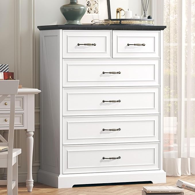 6 Drawer Dresser for Bedroom, 43" Tall Wooden Chest of Drawers, Rustic Farmhouse Dresser with Large Drawers & Metal Handles, Modern Storage Organizer for Closet, Living Room, Hallway, White