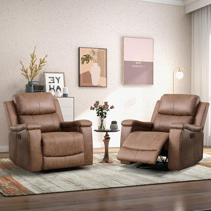 CANMOV Leather Recliner Chair Set of 2, Classic and Traditional Manual Recliner Chair with Overstuffed Arms and Back, Manual Single Sofa with Concealed Cup Holders,Nut Brown