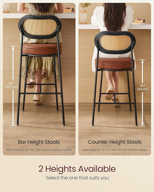 VASAGLE Bar Stools Set of 2, Bar Height Stools with Rattan Back and Metal Legs, 25.1-Inch Tall Counter Chairs, Modern Leather Upholstered Barstools for Kitchen Island Dining Room, Caramel Brown