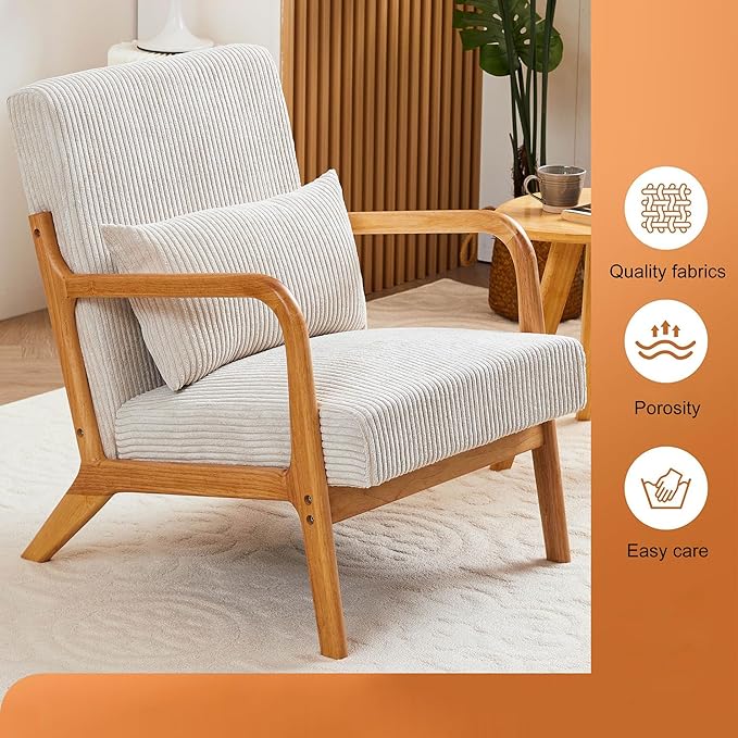 Accent Chairs, Mid-Century Modern Chair with Pillow, Armchair with Solid Wood, Reading Relaxing Leisure Chair for Living Room(Beige)