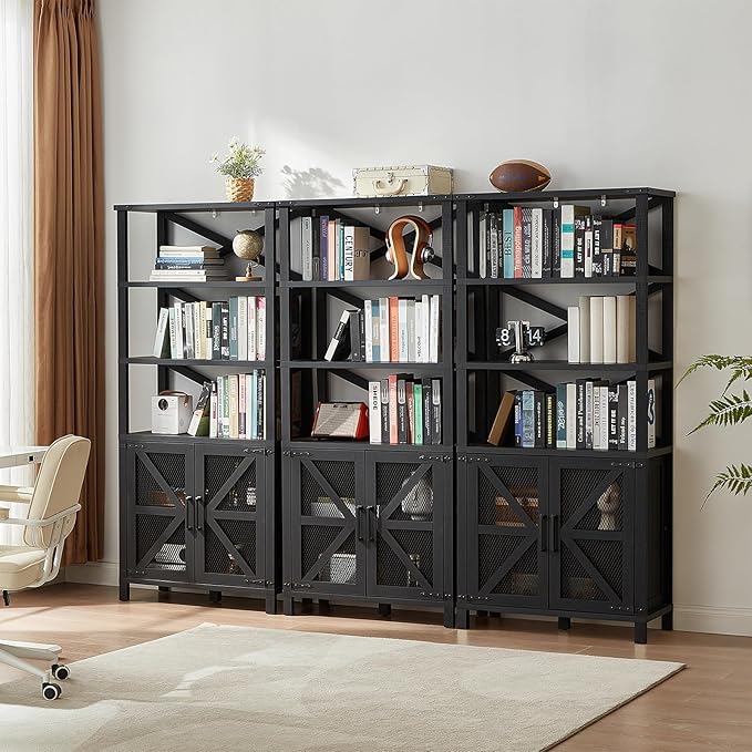 5 Tier Bookshelf 70" Tall Bookcase with Barn Doors,Large Farmhouse Display Book Shelf with Adjustable Shelves and Storage Cabinet,Library Wood Bookshelves for Living Room,Kitchen,Antique Black