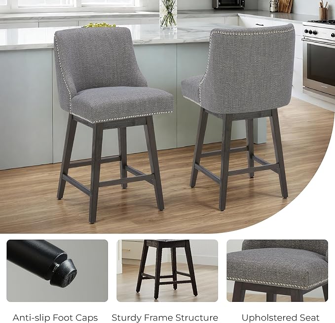 CHITA Counter Height Swivel Bar Stools Set of 4, FSC Certified Upholstered Counter Stools, Modern Swivel Barstools with Wood Legs for Kitchen Island, 26" Seat Height, Fabric in Fog