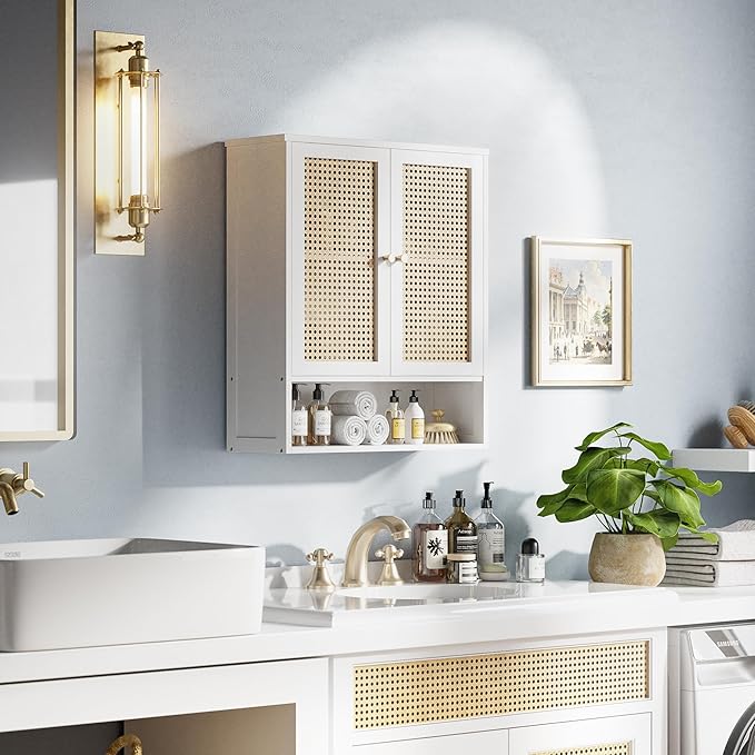 HITNET Bathroom Wall Cabinet, Rattan Medicine Cabinet, Bamboo Hanging Storage Organizer Over The Toilet with Adjustable Shelf for Living Room, Kitchen, Hallway(White)