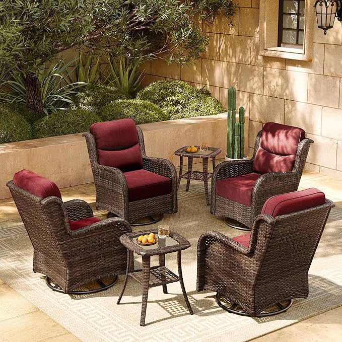 HILLGA Luxury Patio Furniture Set with 6-inch Thick Cushion, Outdoor High Back Swivel Rocker Patio Chairs, 6PCS Wicker Conversation Set for Deck Yard and Poolside, Burgundy (V2)