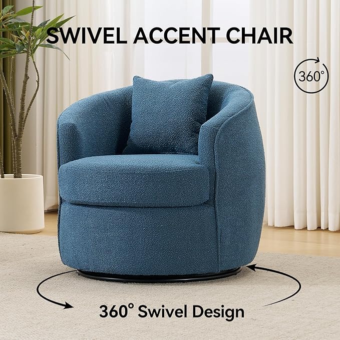 Swivel Accent Chair, Modern Upholstered Boucle Barrel Arm Chairs with Pillow for Living Room, 360 Degree Round Swivel Sherpa Armchair with Round Base for Bedroom Club (1, Dark Blue)
