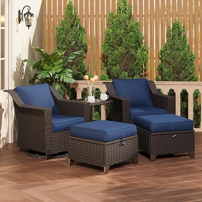 5 Pieces Patio Conversation Furniture Set - Swivel Chairs with Ottomans Set of 2, 1 Side Table, Outdoor Wicker Furniture Set with Washable Cushions for Porch, Balcony, Sunroom (Navy Blue)