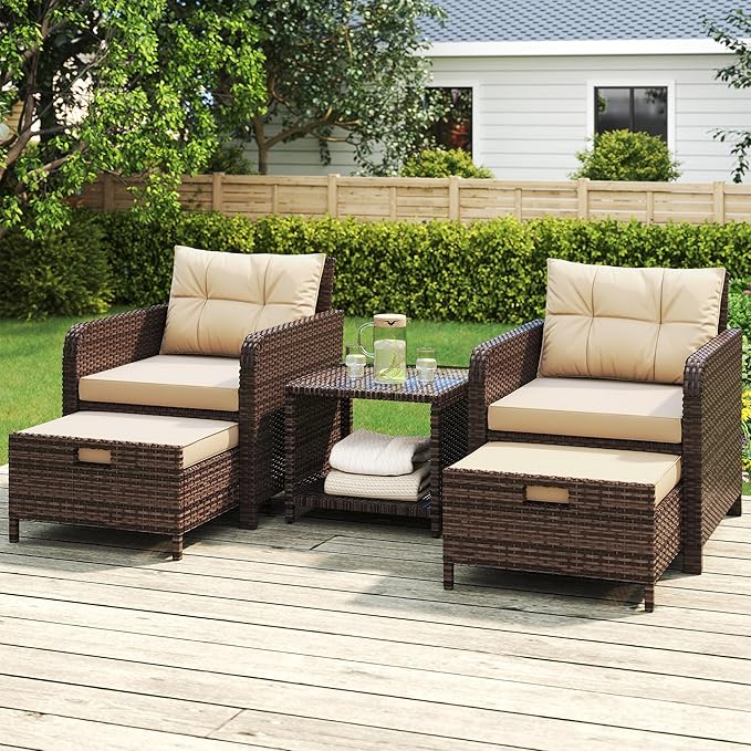 5 Pieces Patio Furniture Set, Hand-Woven Rattan Patio Conversation Set with Soft Cushions & Coffee Table, Outdoor Chairs with Hidden Ottoman for Porch, Lawn, Garden, Balcony, Brown