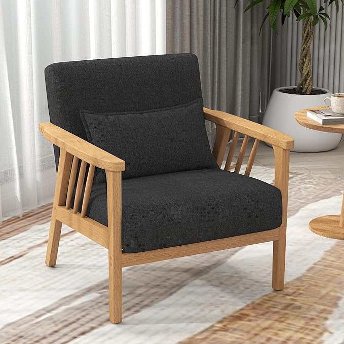 Mid-Century Modern Accent Chair, Linen Armchair and Lounge Chair with Lumbar Pillow, Wide Seat & Solid Wood Frame for Living Room, Bedroom or Balcony (Dark Gray)