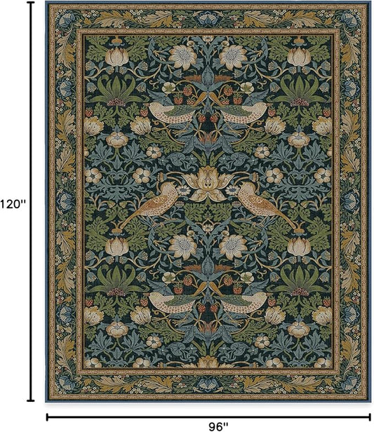 RUGGABLE x Morris & Co Washable Area Rug– Strawberry Thief Indigo 8x10, Stain-Resistant, Non-Slip – Large Machine Washable Rugs for Living Room, Bedroom, Hallway, Entryway & Office–with Cushioned Pad