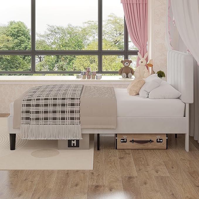 VECELO Twin Size Bed Frame with Upholstered Headboard, Velvet Platform Bedframe Mattress Foundation, Strong Wood Slat Support, No Box Spring Needed,White