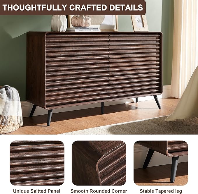 RedLemon 6 Drawers Dresser for Bedroom, 54'' Wide Mid Century Modern Wood Fluted Double Dresser, Chest of Drawers with Tapered Leg for Bedroom, Living Room, Hallway, Closet, Dark Walnut