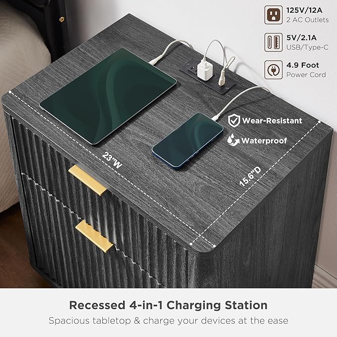 T4TREAM 23'' Fluted Nightstand Set of 2 with Charging Station, Large 2 Drawer Side Table, Modern End Table with Storage, Mid Century Bedside Table for Bedroom, Living Room, Curved Profile, Dark Alder