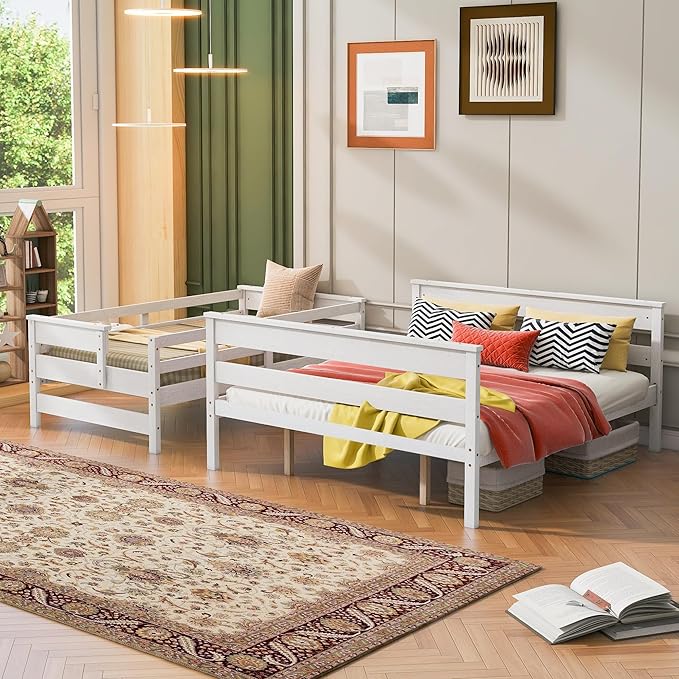 Solid Wood Twin XL Over Queen Bunk Bed with Ladder and Slat Support,Bedroom Detachable Bed Frame w/Easy Assembly & No Box Spring Required,for Kid Adult Boy Girl Teen,White