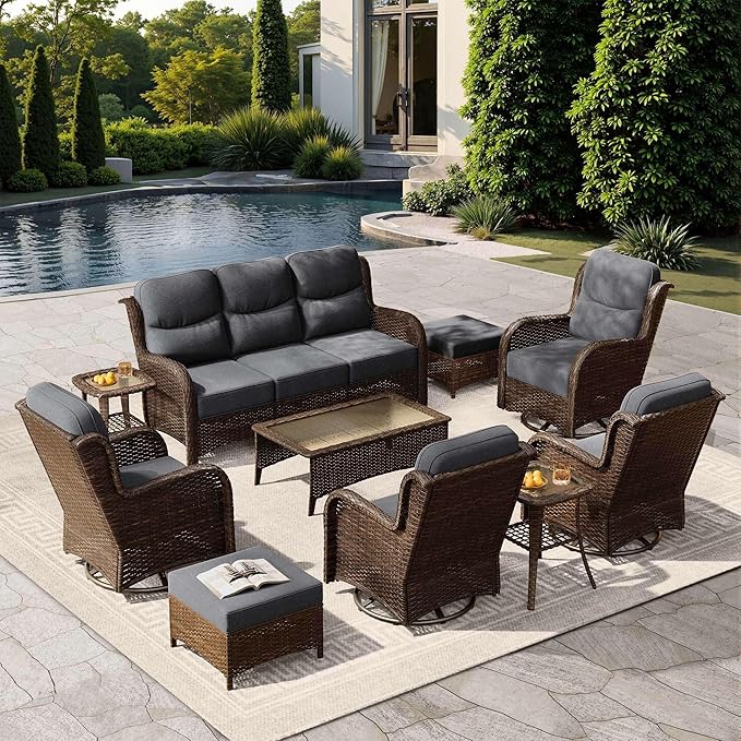HILLGA Luxury Patio Furniture Set with 6-Inch Thick Cushions, High Back Outdoor Swivel Rocker Chairs and Patio Couch, 10-Piece All Weather Conversation Set for Porch Deck Pool Yard, Dark Grey (V3)