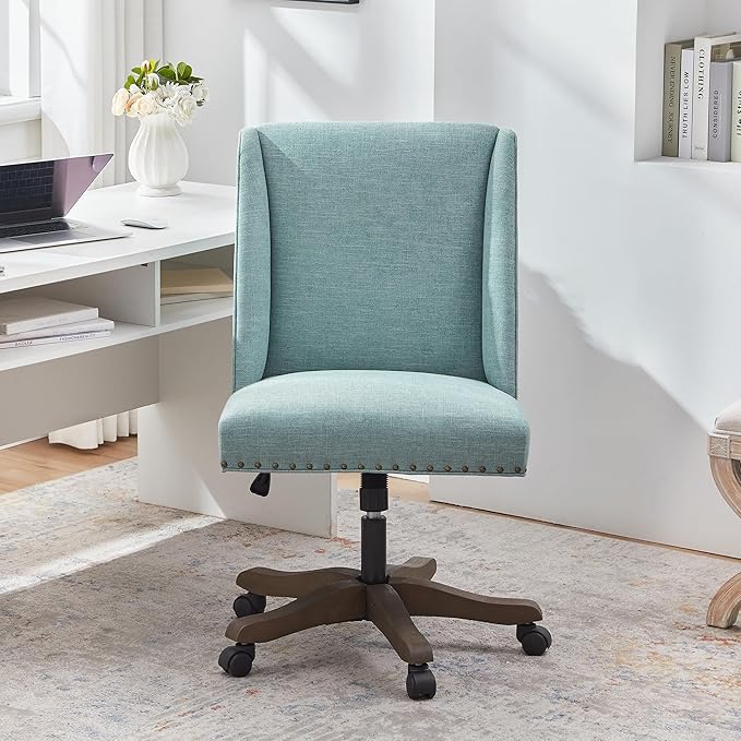 Armless Office Chair with Wooden Legs, Modern Adjustable Upholstered Home Office Desk Chair No Arms Sewing Chair Swivel Chair for Home Office Study Studio (Teal)