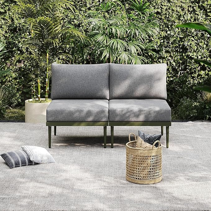 Sundale Outdoor 3 Pieces Patio Furniture Set, Metal Outdoor Sectional Sofa with 6 Inch Olefin Cushion and Coffee Table, All-Weather Modern Outdoor Conversation Sets (Green Frame)