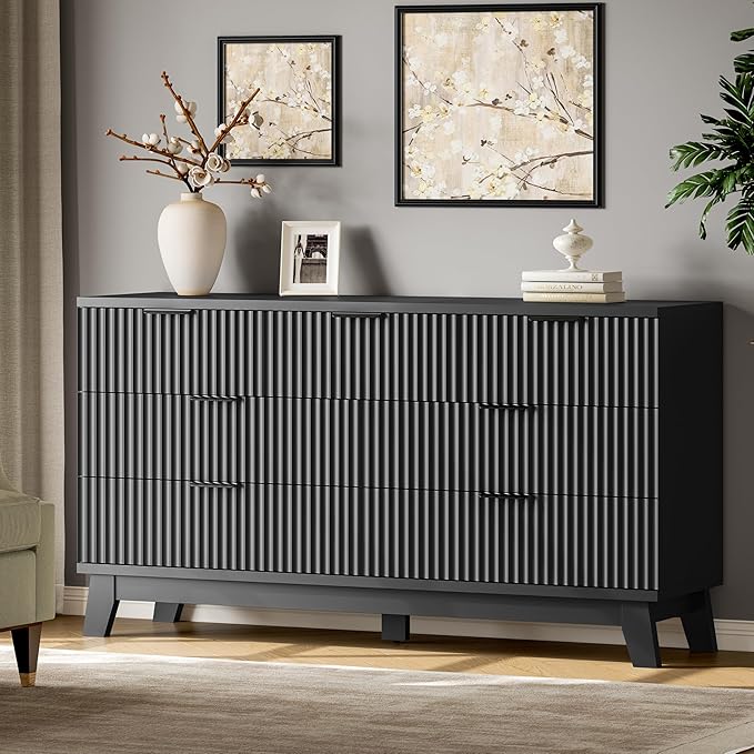 Fluted Dresser with 7 Drawers, 58" Wide Wood Chest of Drawers with Metal Handle, Wooden Dresser TV Stand, Modern Closet Clothes Storage Organizer for Bedroom, Living Room, Hallway, Solid Black