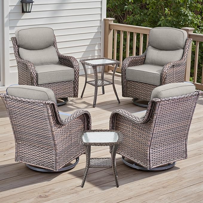 Rilyson 6 Piece Outdoor Patio Swivel Rocker Chairs, Waterproof Wicker, High Back, Deep Seating, Wide Armrest, Upgraded 6 inch Thick Cushions, Side Table, Ideal for Deck Porch Yard, Brown/Beige