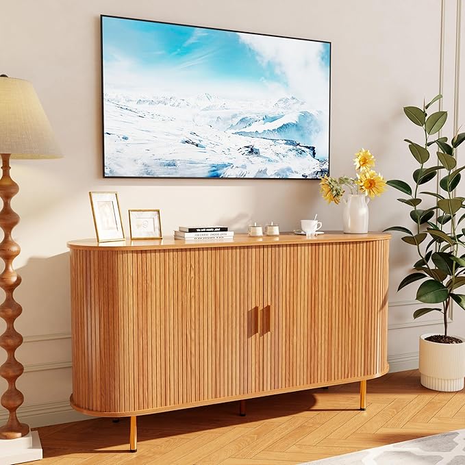 DHH Storage Cabinet, Fluted Sideboard Buffet Cabinet with Tambour Sliding Doors& Adjustable Shelf, Accent Coffee Bar Console Table for Kitchen, Living Room, Entryway (Yellow Walnut 55 Inch)