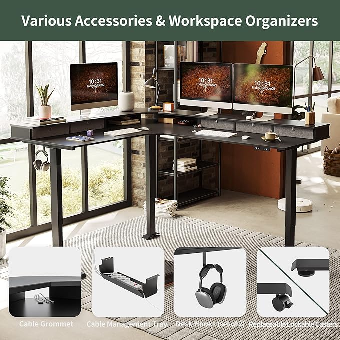 FEZIBO 75", 265lbs Load Capacity, L Shaped Standing Desk with Drawers, Reversible Electric Standing Gaming Desk Adjustable Height, Corner Stand up Desk with Splice Board, Black Frame/Black Top