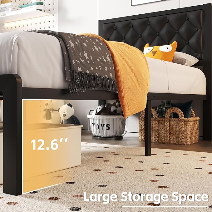 Twin Bed Frame with Headboard PU Leather Upholstered Bed Frame Platform,All Metal Slats Support Platform Bed Frame with Storage Space,Easy Assembly,Noise Free,No Box Spring Needed,Black