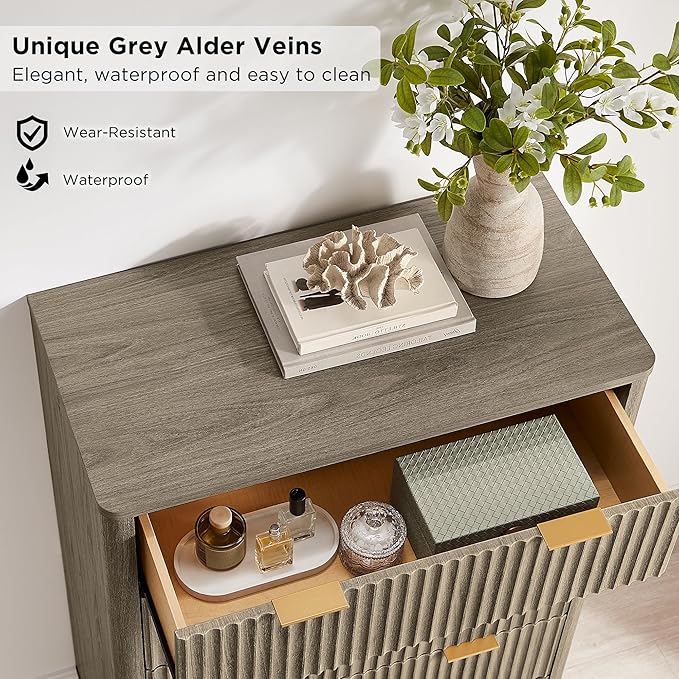 T4TREAM Fluted 5 Drawers Dresser, 48" Tall Modern Chest of Drawers, Curved Profile Design, Wood Drawer Organizer for Bedroom, Living Room, Hallway, Entryway, Grey Alder
