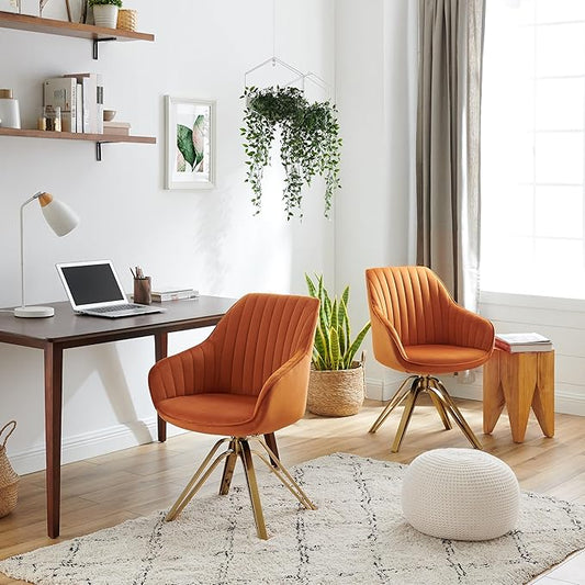 Zouron Mid Century Modern Swivel Accent Chair with Gold Metal Legs, Upholstered Swivel Chair No Wheels, Side Accent Arm Chair Vanity Chair for Small Space Home Office Living Room Bedroom, Cinnamon