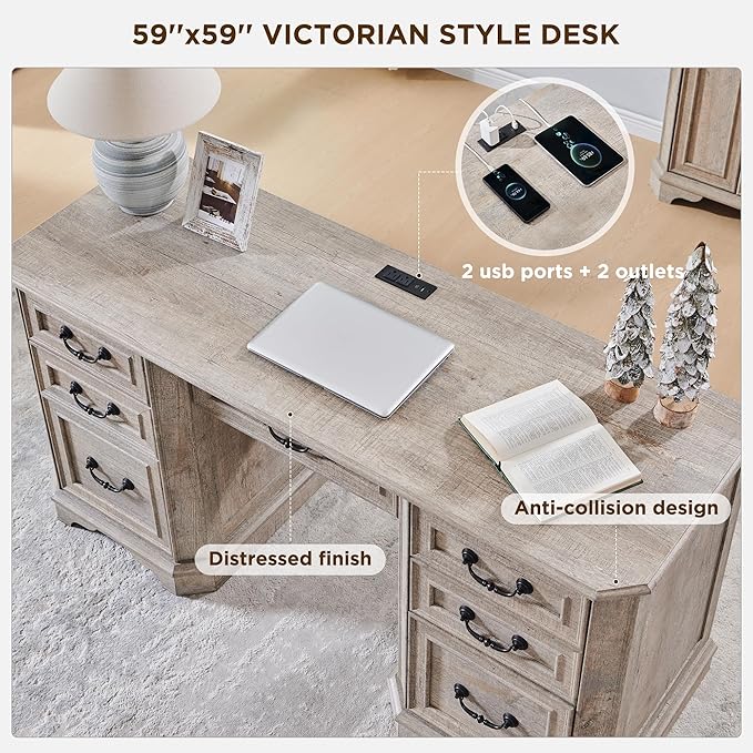 T4TREAM 59" Farmhouse Executive Desk with Drawers,Wood Home Office Computer Desk, Featuring Keyboard Tray,Charging Station,File Drawer, Storage Cabinet,for Work and Study (Light Rustic Oak)