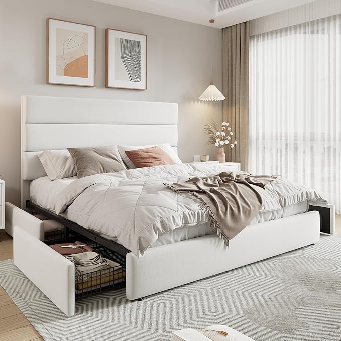 Allewie Modern Queen Size Platform Bed Frame with 4 Storage Drawers and Velvet Upholstered Headboard, Wooden Slats Support, Upholstered Mattress Foundation/No Box Spring Needed/Easy Assembly, White