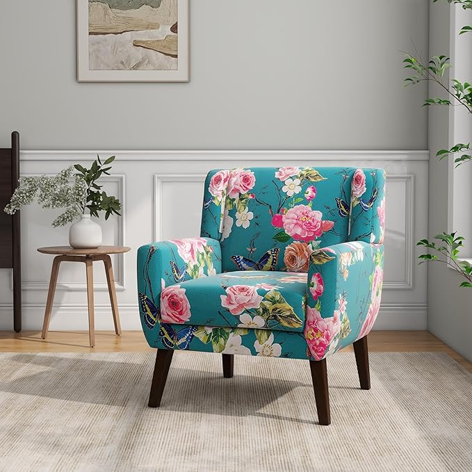 Accent Chair, Modern Linen Blend Arm Chair for Living Room, Bedroom, Comfy High-Resilient Sponge Reading Chair for Small Spaces (Pattern Floral Blue, Set of 2)