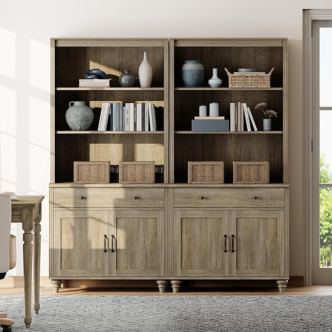 WAMPAT 5 Tier Farmhouse Bookcase 72" Tall Bookshelf with Barn Doors, Large Display Book Shelf with 2 Drawers and Storage Cabinet, Library Wood Bookshelves for Living Room,Kitchen, Wash Grey (2PCS)