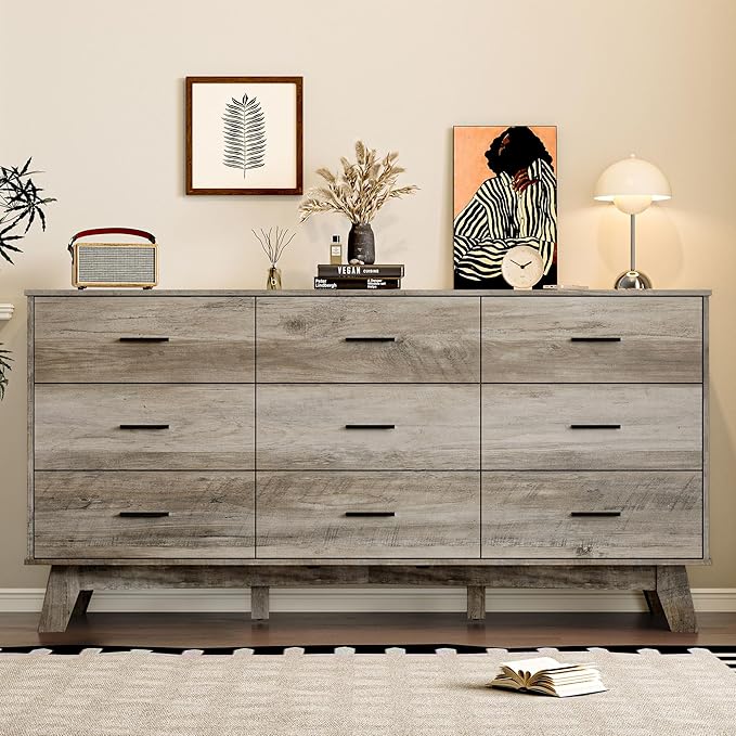 Dresser for Bedroom with 9-Drawer, 59" Wide Modern Chest of Drawers with Metal Handles, X-Shape Base & Adjustable Center Leg, Anti-Tip Closet Organizers and Storage