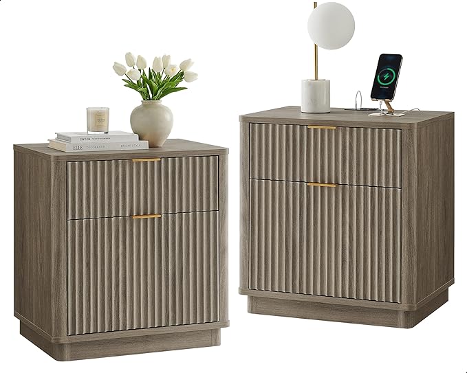 T4TREAM 23'' Fluted Nightstand Set of 2 with Charging Station, Large 2 Drawer Side Table, Modern End Table with Storage, Mid Century Bedside Table for Bedroom, Living Room, Curved Profile, Grey Alder