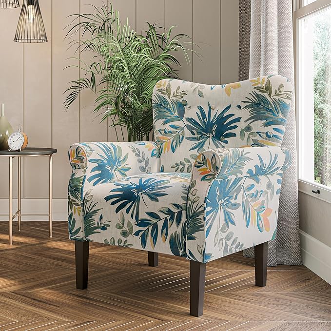 BELLEZE Modern Accent Chair, High Back Armchair, Upholstered Wingback Side Chair, Padded Single Sofa with Wooden Legs for Living Room, Bedroom - Green Blue Floral