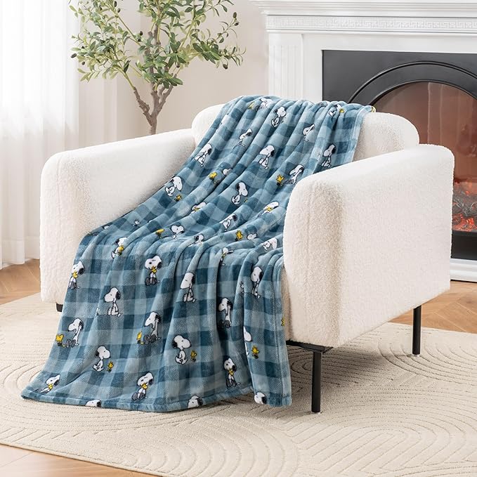 Berkshire Blanket Peanuts® VelvetLoft® Cute Character Snoopy Plush Throw Blanket,Peanuts Snoopy Everyday Buffalo Plaid Navy Tonal,Throw 55 in x 70 in (Official Peanuts® Product)
