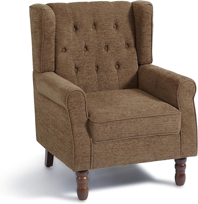 Accent Chair, Upholstered Armchair with Button Tufted High Back & Solid Wood Legs, Comfy Wingback Reading Single Sofa Chair for Small Spaces, Living Room, Bedroom (Brown, Set of 1)