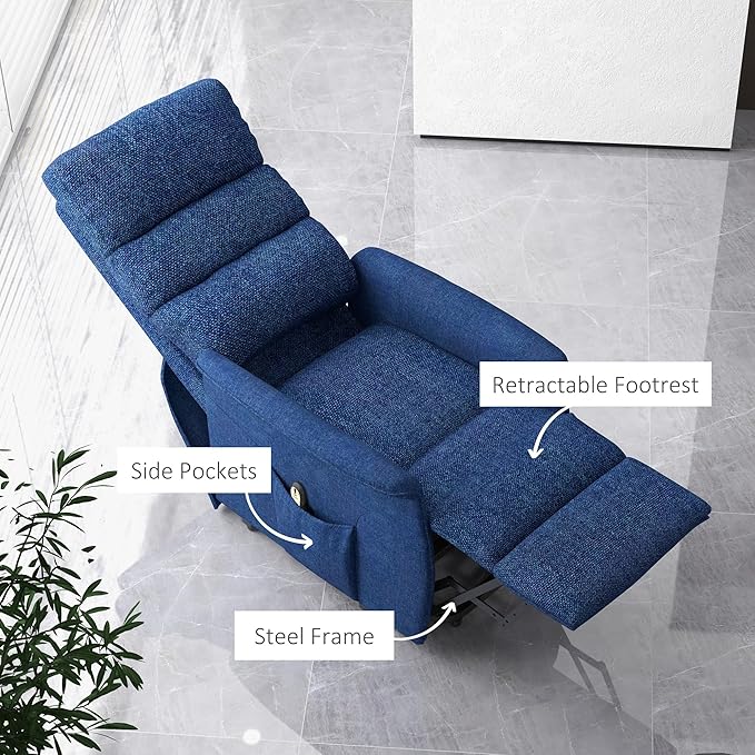 HOMCOM Power Lift Recliner Chair for Elderly, Easy Assembly, Fabric Lift Chair for Adults, Recliner Sofa with Remote Control, Side Pockets for Living Room, Dark Blue