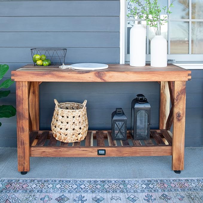 Backyard Discovery 48" Acacia Wood Farmhouse Narrow Console Table with Lower Slat Storage Shelf, Water-Resistant Design for Patio, Deck, Entryway, Living Room, Sofa Table, Indoor or Outdoor Use