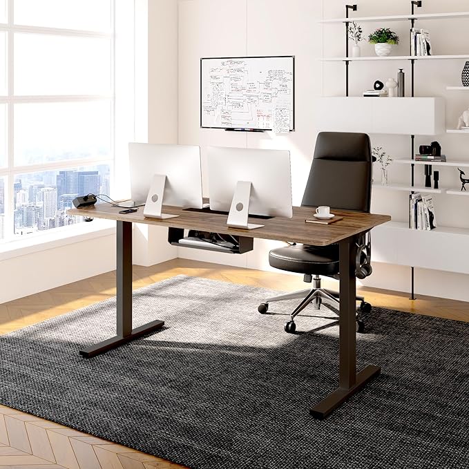 FLEXISPOT EN2 Whole-Piece Standing Desk with Clamp Power Strip, 48 x 30 Electric Stand Up Height Adjustable Desk with Cable Management (Black Frame + 48" Black Walnut Desktop, 2 Packages)