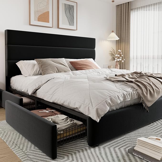 Allewie Modern King Size Platform Bed Frame with 4 Storage Drawers and Velvet Upholstered Headboard, Wooden Slats Support, Upholstered Mattress Foundation/No Box Spring Needed/Easy Assembly, Black