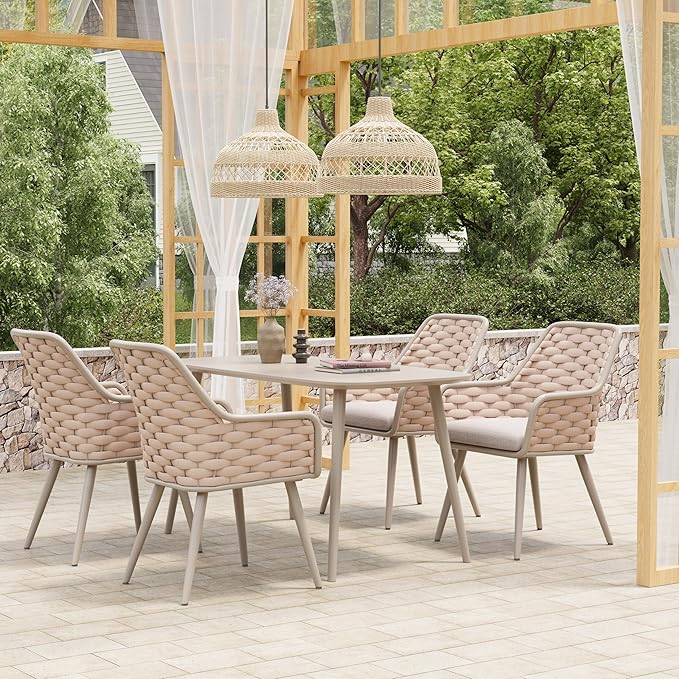 SUNSITT Outdoor Dining Chairs Set of 4, Metal Outdoor Patio Dining Chairs with Weather-Resistant Cushions, Woven Rope Chairs Outdoor with Armrest Champagne Outdoor Furniture Chairs for Backyard