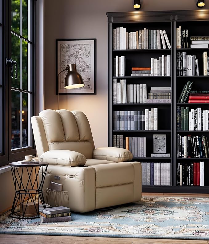 27" Oversized Power Recliner Chair, Faux Leather Rocking Chair with Heat & Massage, 360° Swivel Modern Electric Recliner with Cup Holder & USB Charging for Living Room, Bedroom, Nursery - Beige