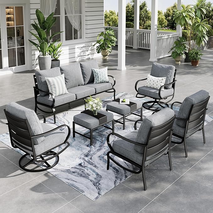 Sophia & William Patio Furniture Sets for 7 Outdoor Conversation Set 7 Pcs with 2 x Swivel Chairs, 2 x Armrest Sofa, 1 x 3-Seat Cushion Chairs, 2 x Ottomans for Coffee Garden Backyard Poolside Grey