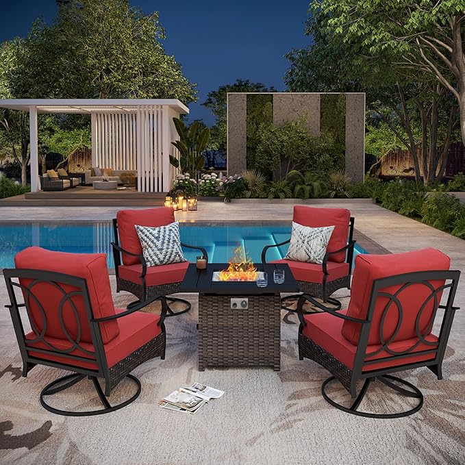 Patio Furniture Set with 32" Fire Pit Table, Patio Conversation Sets 4 Swivel Chairs with Thick Cushion and 50000 BTU Fire Pit Table (5 Pieces,Red