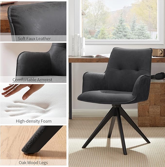 Art Leon Swivel Desk Chair - Faux Leather Upholstered Office Chair No Wheels, Mid Century Modern Armchair with Black Oak Wood Legs for Small Space Living Room Bedroom, Black