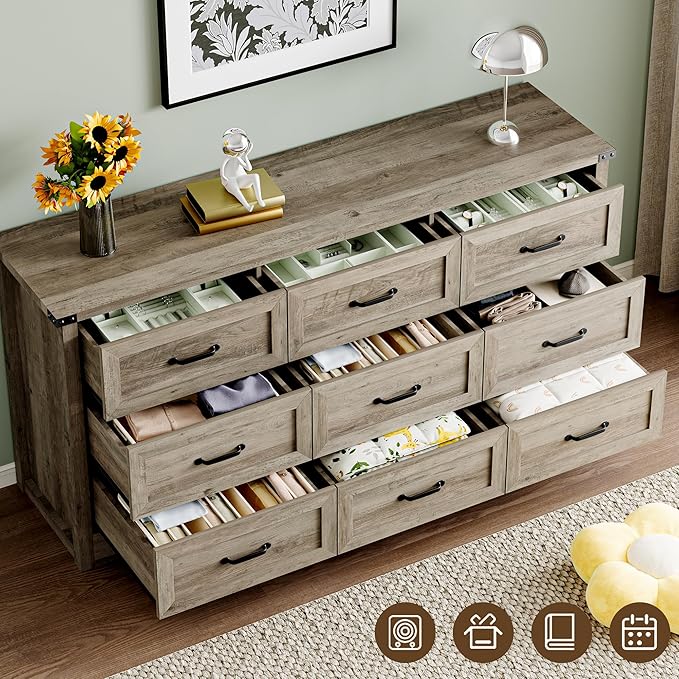 9-Drawer Dresser for Bedroom, Modern Wooden Chest of Drawers with Metal Handles, Anti-Tipping Design, Sturdy and Stable Storage Organizer for Living Room, Entryway, Home Office