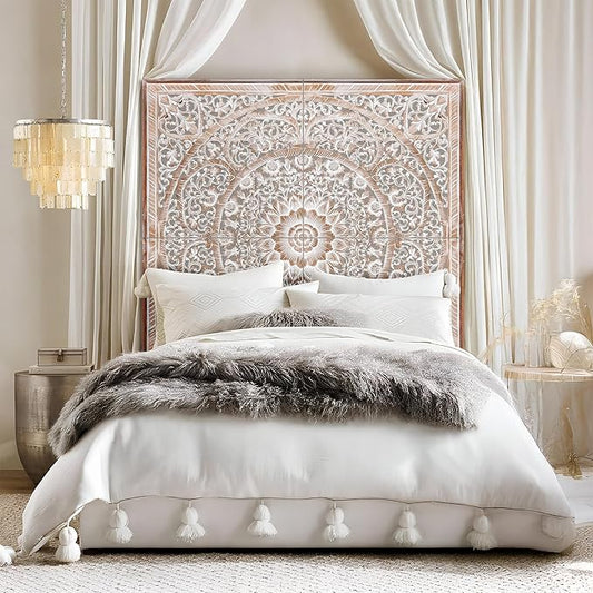 Wood Bed Headboard Rustic | Carved Full Head Board Only | Wooden BedHead Full Size Bed | Wall Mount Wall Art in Sizes King or Queen | Headboard Panels (Manusa Antic, Queen)