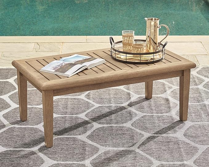 Signature Design by Ashley Gerianne Contemporary Outdoor Rectangular Cocktail Table, Slatted Top Sheds Rainwater, Eucalyptus Wood, 50" W x 26" D x 18.63" H, Beige