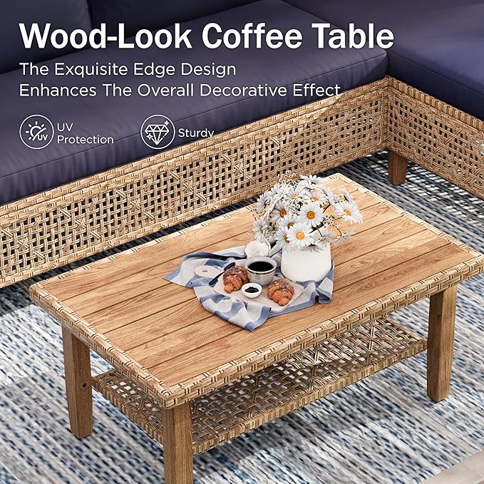 PHI VILLA Wicker Patio Furniture Set, Sectional Outdoor Sofa with Cushions and Acacia Wood Coffee Table, L-Shaped Small Patio Conversation Set, Navy Blue
